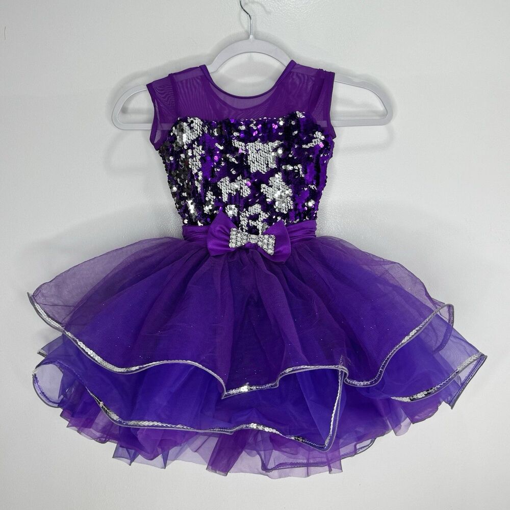 Weissman Dance Costume IC Sequins Jewel Curly Hem Tricot Skirt Bow Purple